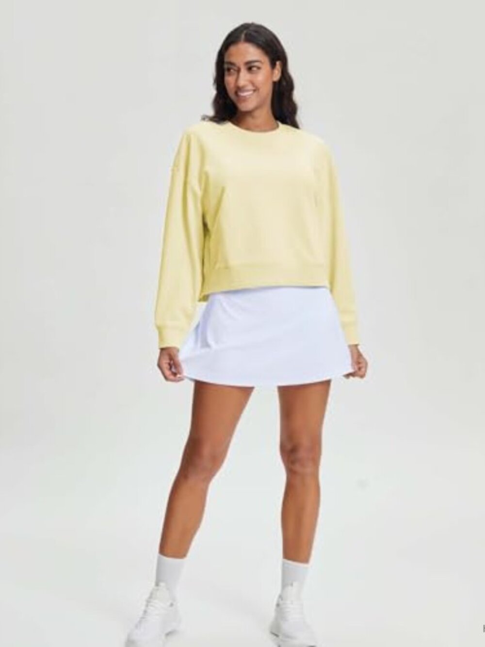 Women's Cropped Crewneck Sweatshirt Relaxed Fit Cotton Blend Lightweight - Picture 3 of 6
